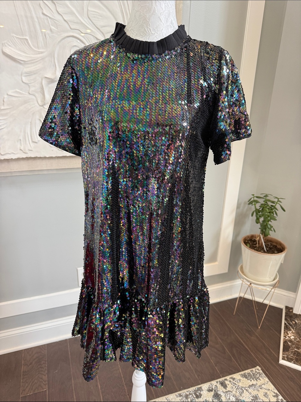 Melloday Iridescent Sequin Dropwaist Mini Dress Mock Neck Pleated (removable) M